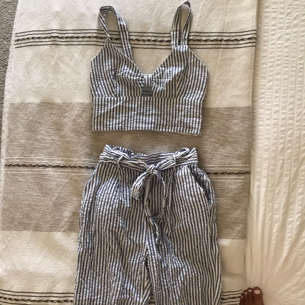 Two piece blue and white stripe set